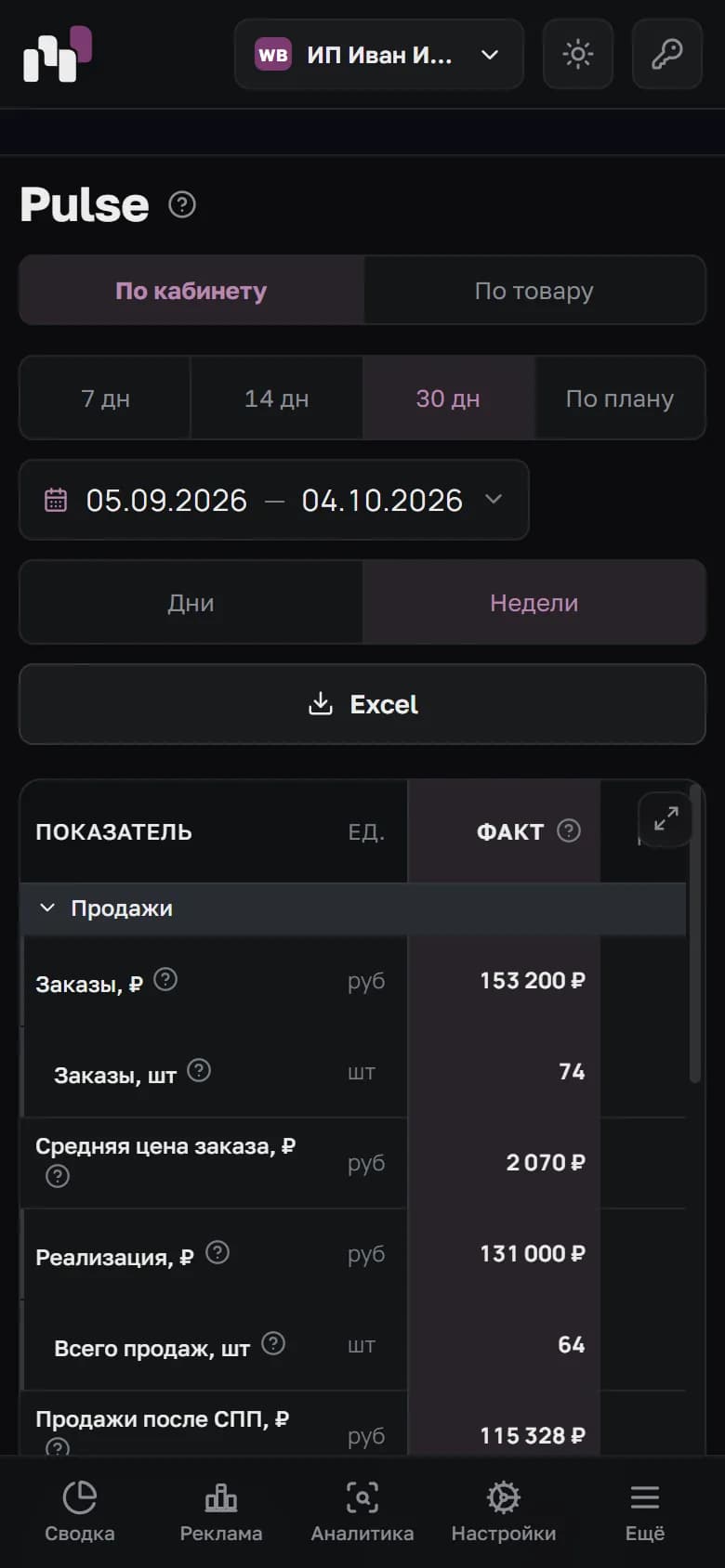 Экран «Pulse» в мобильной версии кабинета