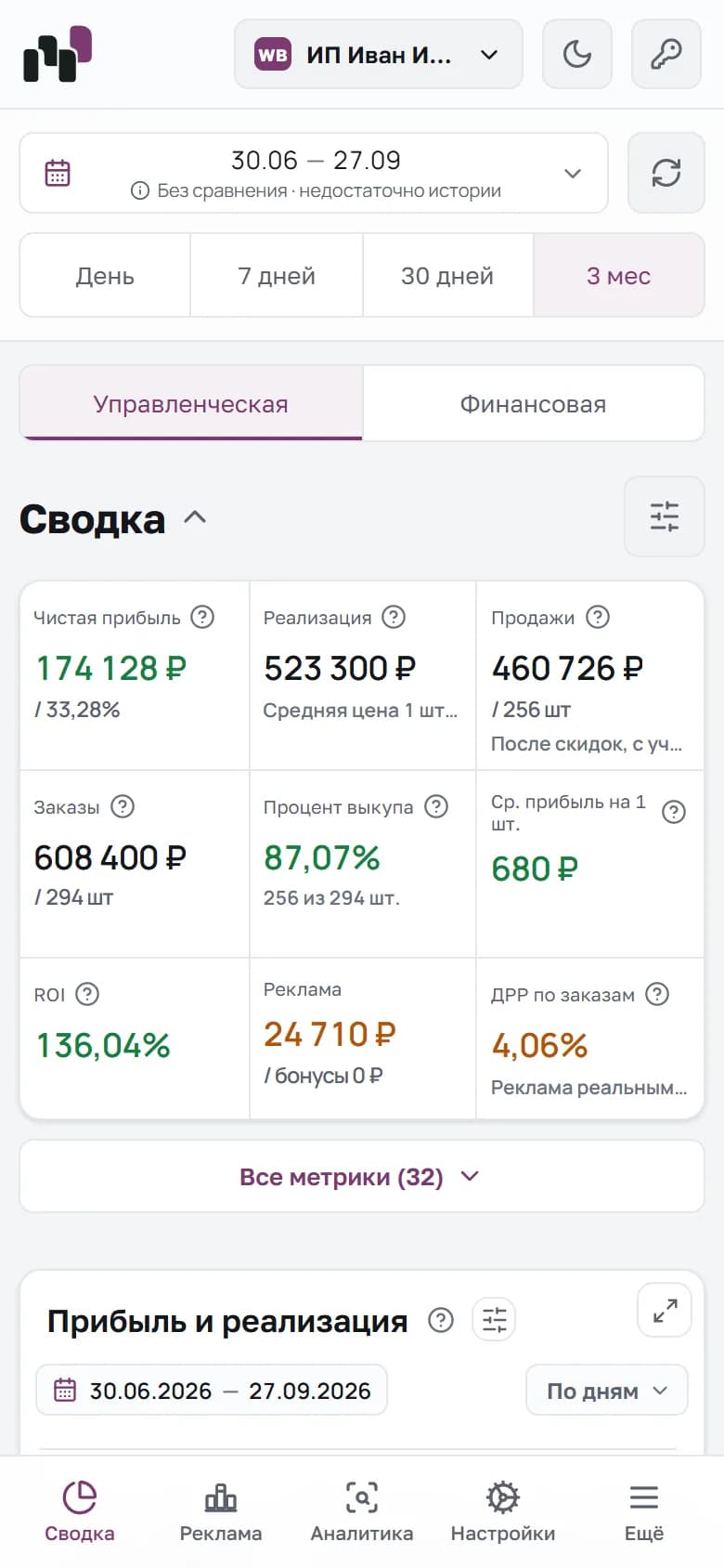 Экран «Сводка» в мобильной версии кабинета